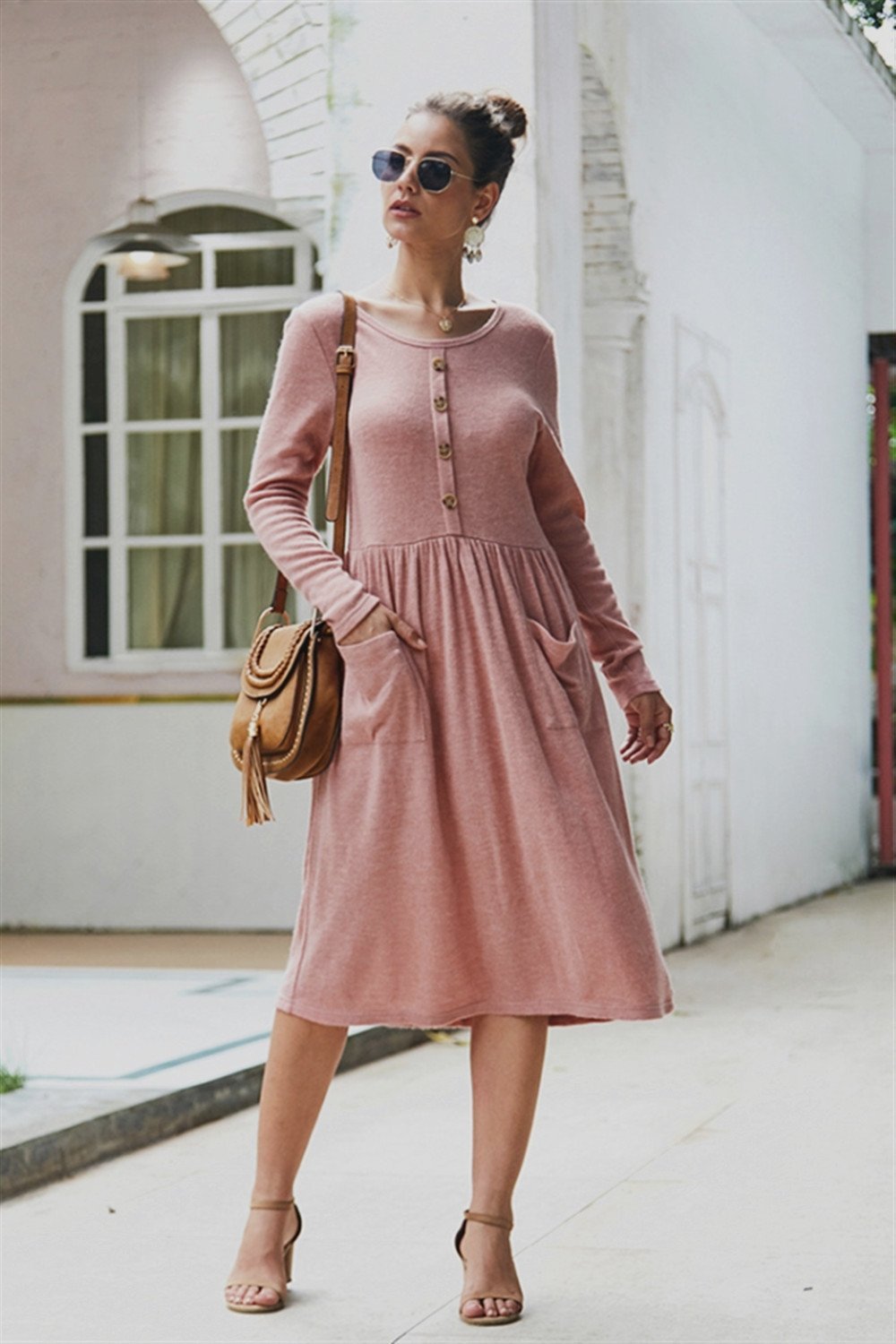 Elegant Double Pockets Slim Sweater Dress