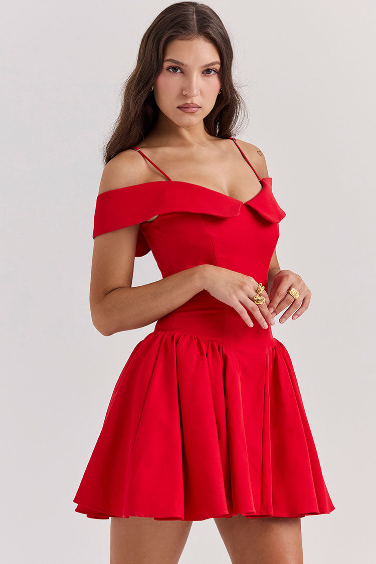 Elegant Spaghetti Strap Off Shoulder Drop Waist Fit & Flare Party Mini Dress - Red