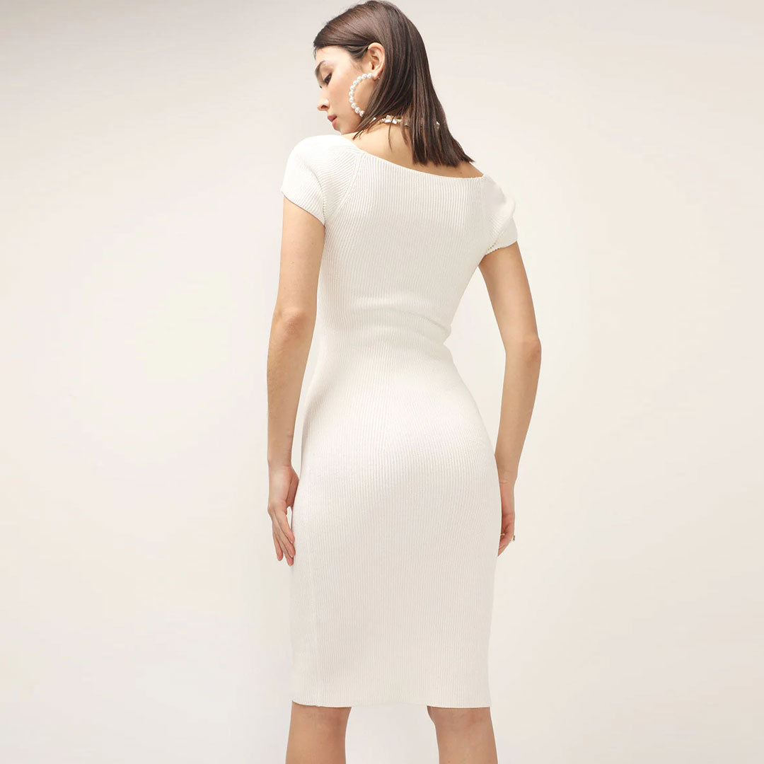 Elegant Sweetheart Neck Cap Sleeve Ribbed Knit Bodycon Midi Dress - White