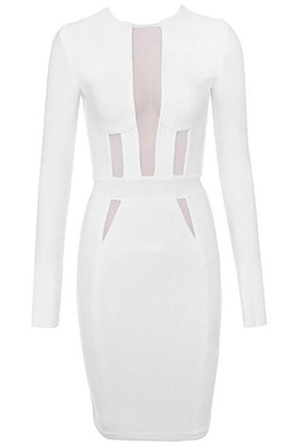 Woman wearing a figure flattering  Elle Long Sleeve Bandage Dress - Pearl White BODYCON COLLECTION