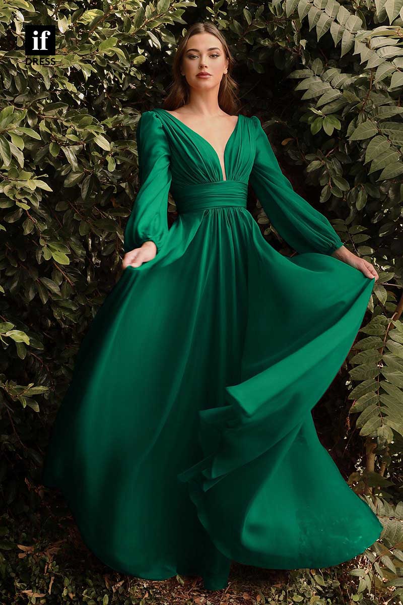 31925 - Elegant V-Neck Long Sleeves Chiffon Prom Evening Bridesmaid Dress