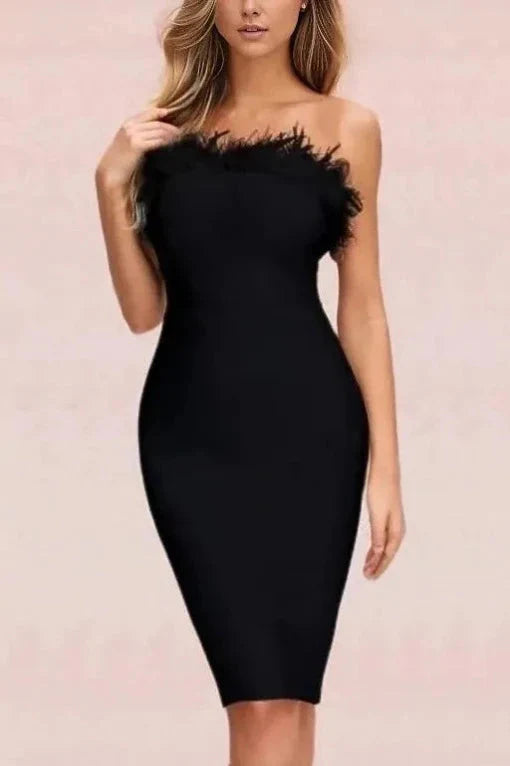 Woman wearing a figure flattering  Erin Bandage Dress - Classic Black BODYCON COLLECTION