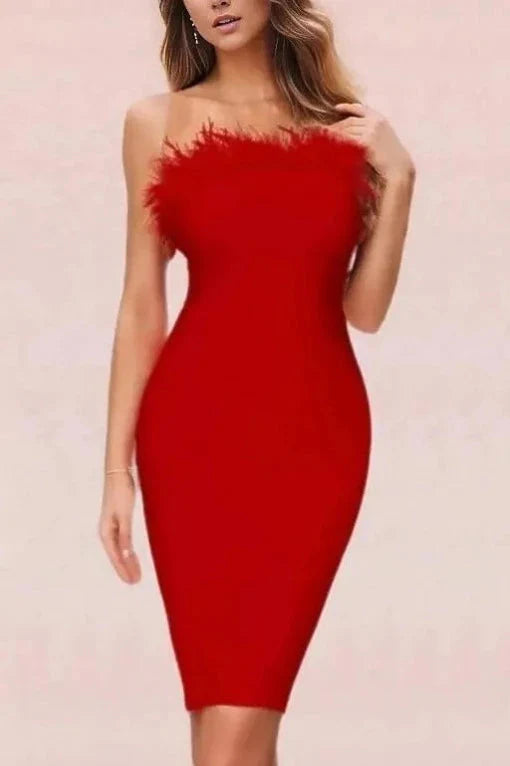 Woman wearing a figure flattering  Erin Bandage Dress - Lipstick Red BODYCON COLLECTION