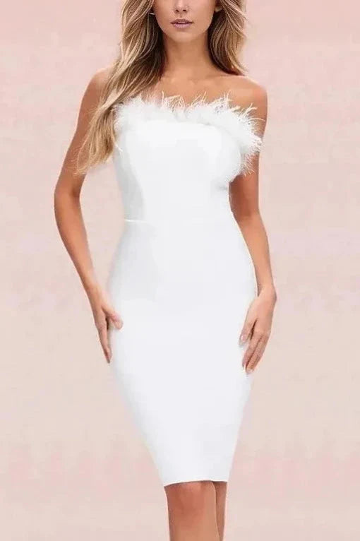 Woman wearing a figure flattering  Erin Bandage Dress - Pearl White BODYCON COLLECTION