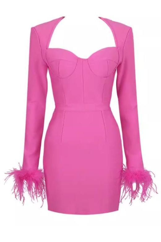 Woman wearing a figure flattering  Erin Long Sleeve Mini Dress - Hot Pink BODYCON COLLECTION