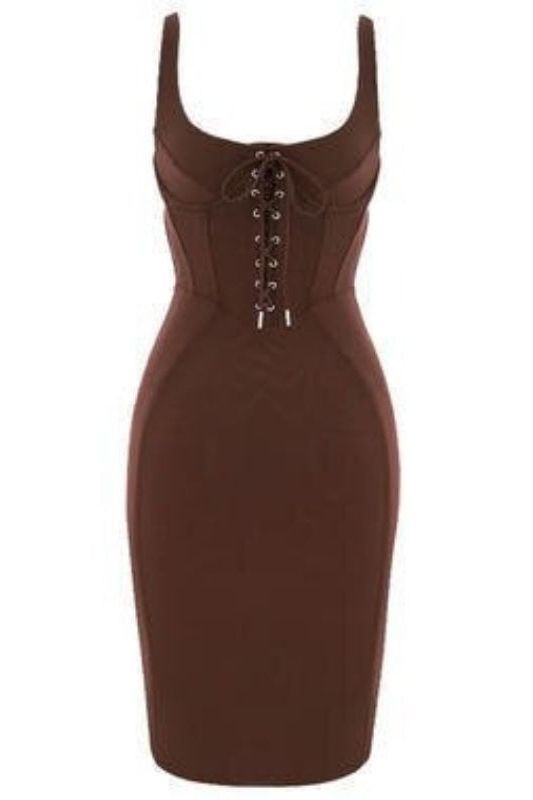 Woman wearing a figure flattering  Esta Bandage Dress - Tan Brown BODYCON COLLECTION