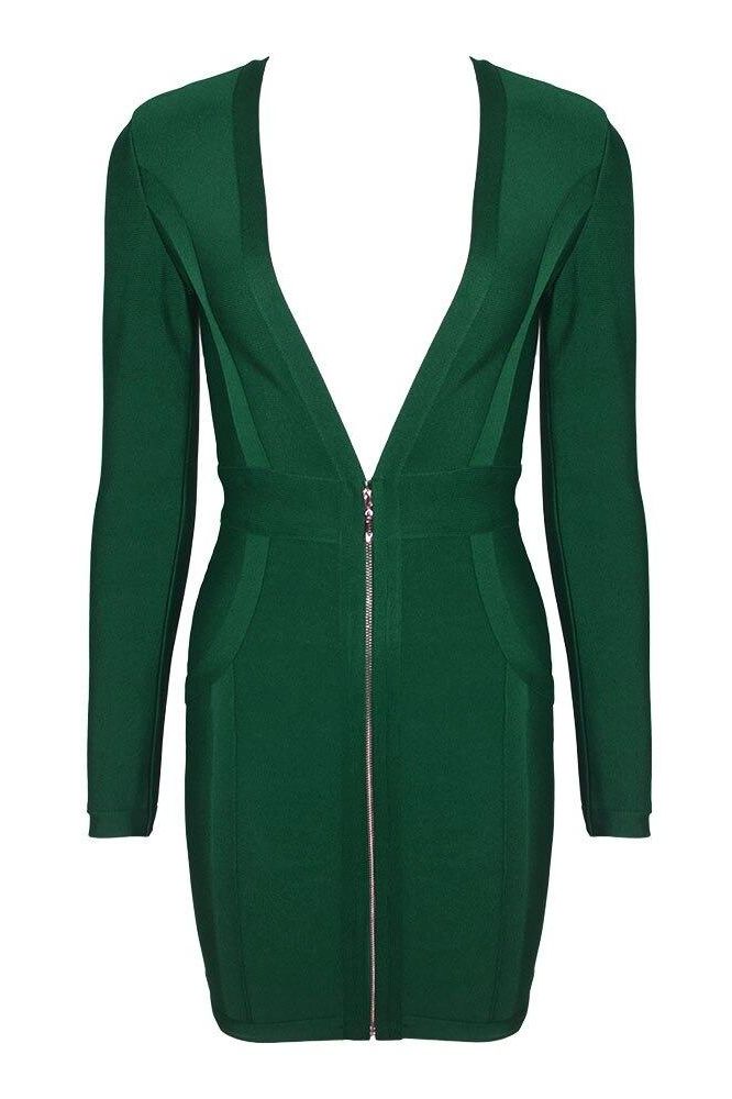 Woman wearing a figure flattering  Eva Long Sleeve Bandage Mini Dress - Emerald Green BODYCON COLLECTION