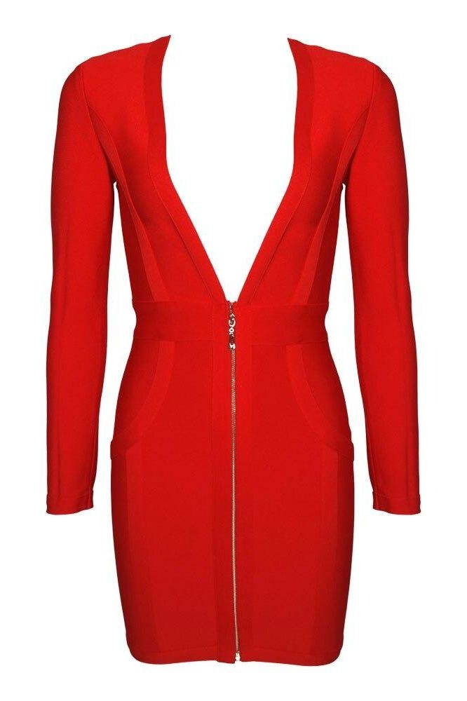 Woman wearing a figure flattering  Eva Long Sleeve Bandage Mini Dress - Lipstick Red BODYCON COLLECTION