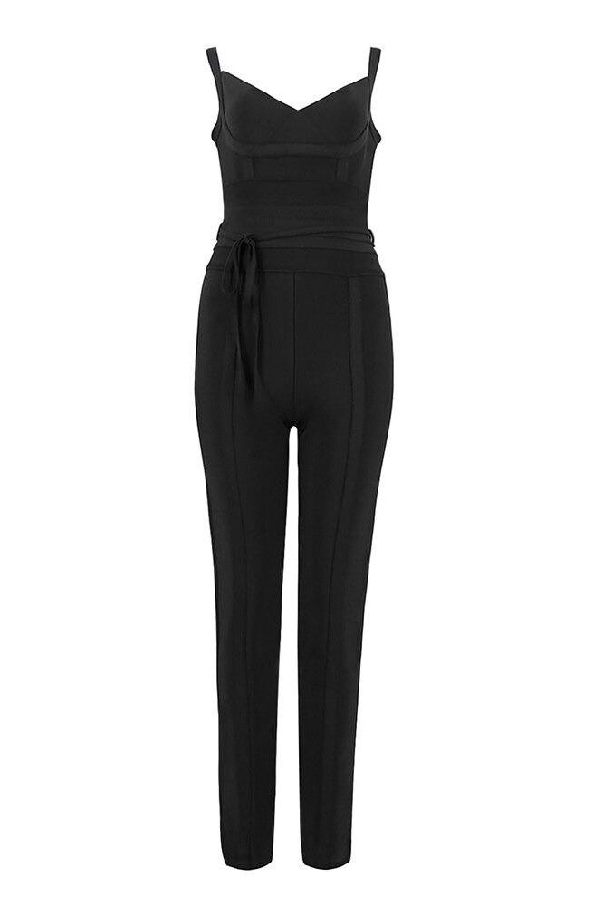 Woman wearing a figure flattering  Eve Bandage Pants Jumpsuit - Classic Black Bodycon Collection