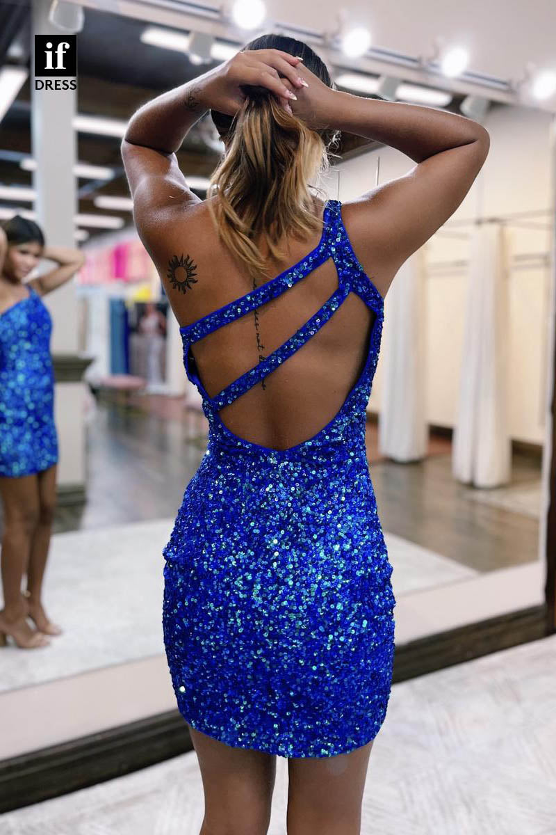 F1014 - Stylish One Shoulder Sparkly Sleeveless Mini Cocktail Homecoming Dress