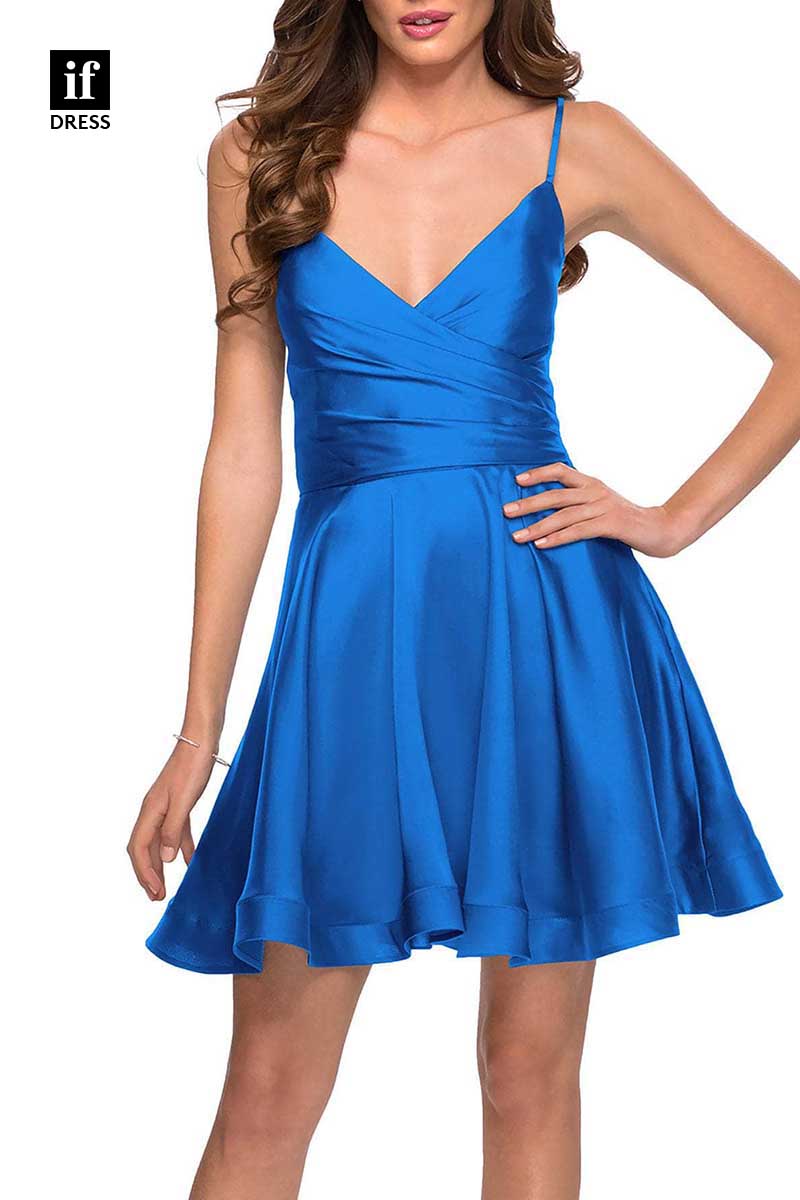 F1273 - Classic V-Neck Apaghetti Straps Ruched Party Short Graduation Homecoming Gown