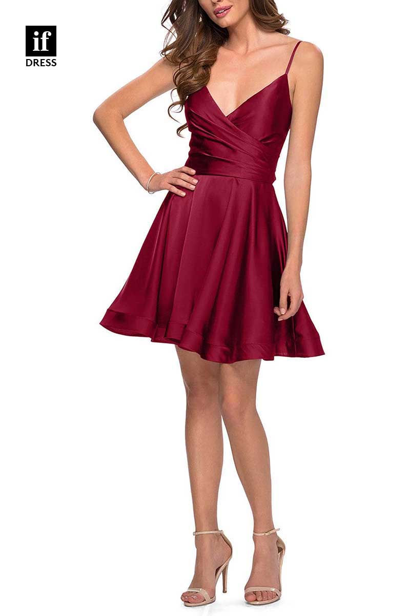 F1273 - Classic V-Neck Apaghetti Straps Ruched Party Short Graduation Homecoming Gown