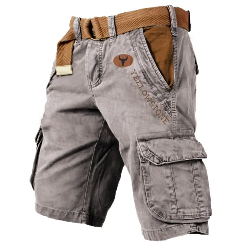 Men's Vintage Yellowstone Wash Print Multi-Pocket Tactical Shorts