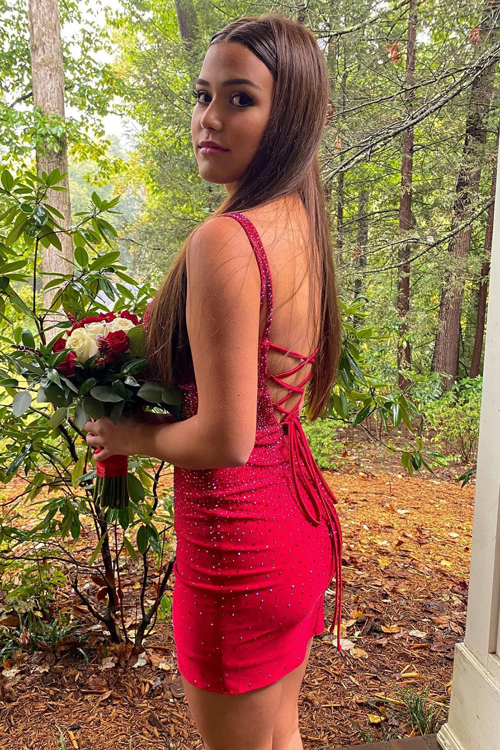 Red Homecoming Dress Spaghetti Straps Beaded Tight Short Prom Dress