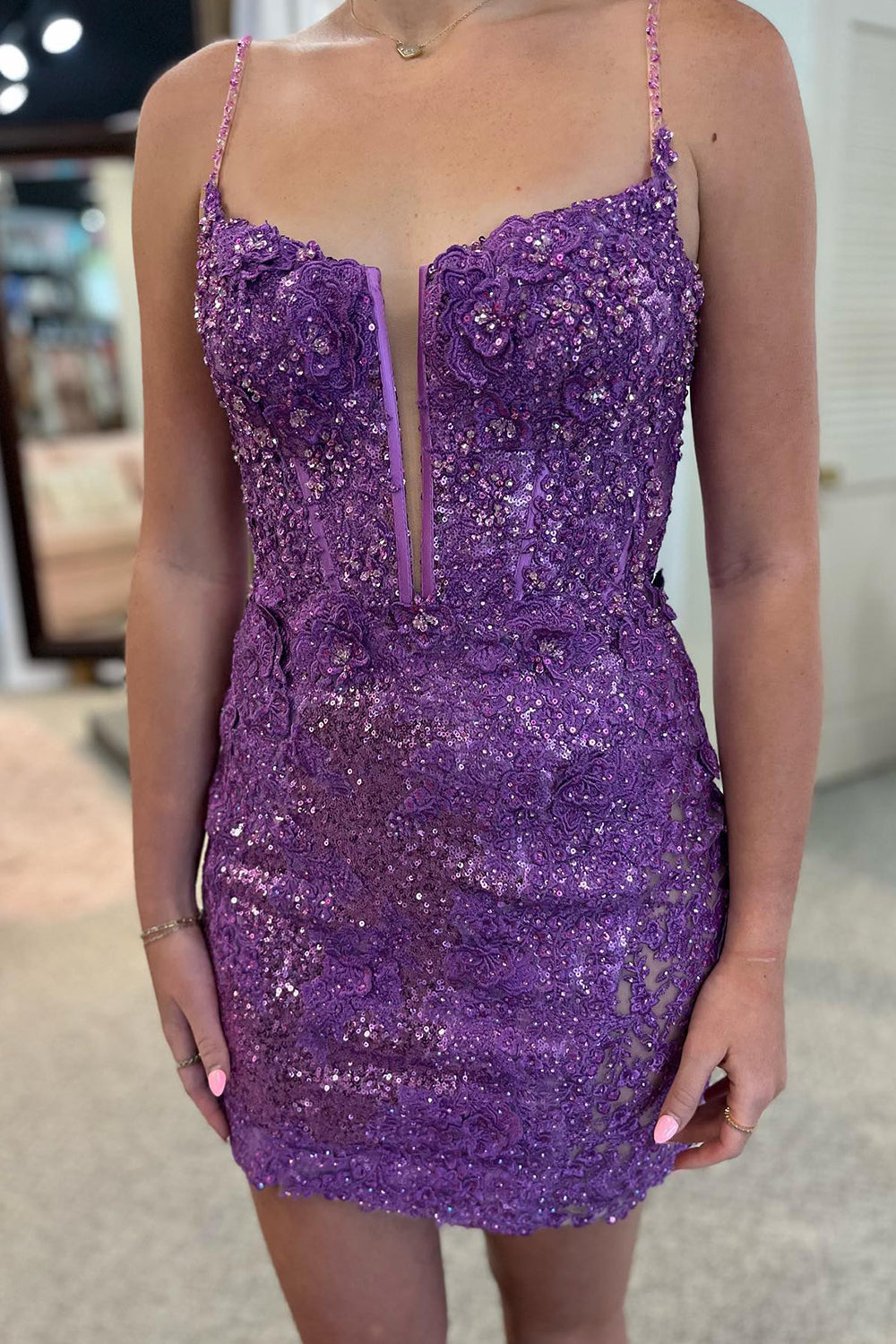 Purple Homecoming Dress Sequin Lace-Up Tight Short Prom Dress