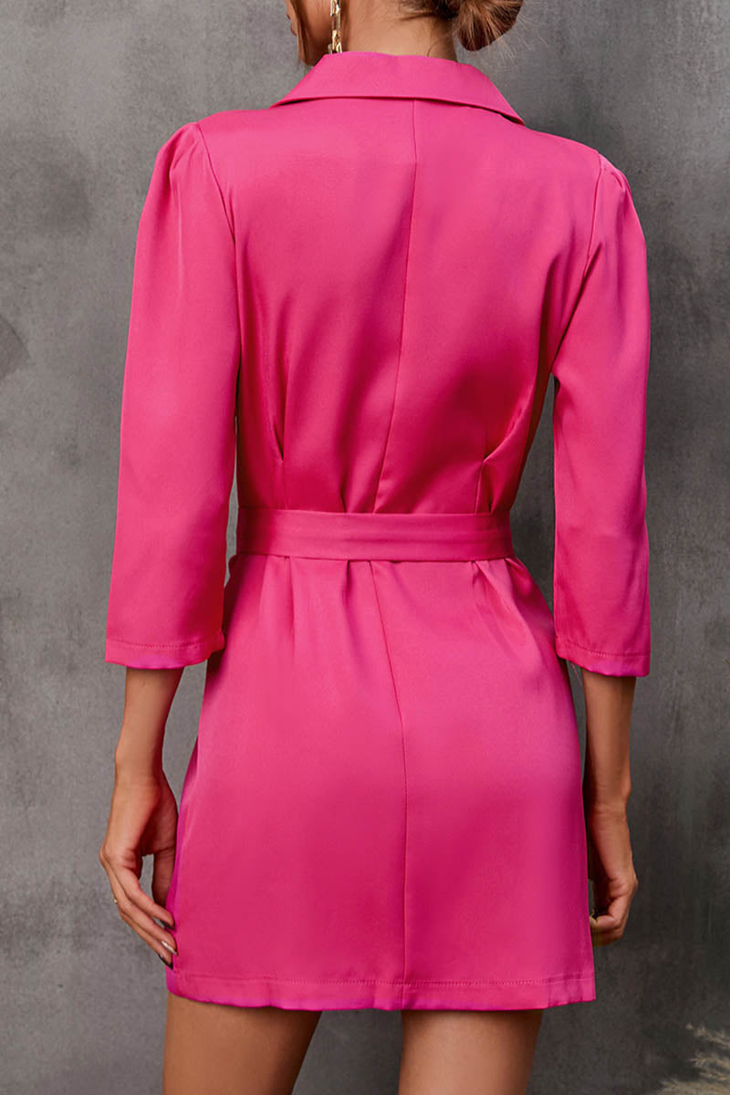 Three-quarter Sleeves V-neck Belted Buttoned Suit Dress