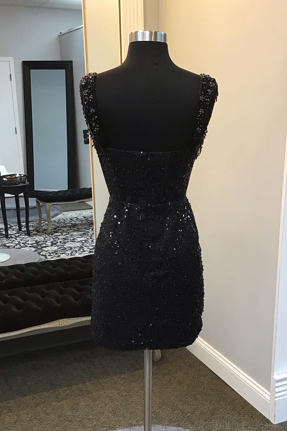 Black Homecoming Dress Corset Fringed Sequin Tight Short Prom Dress