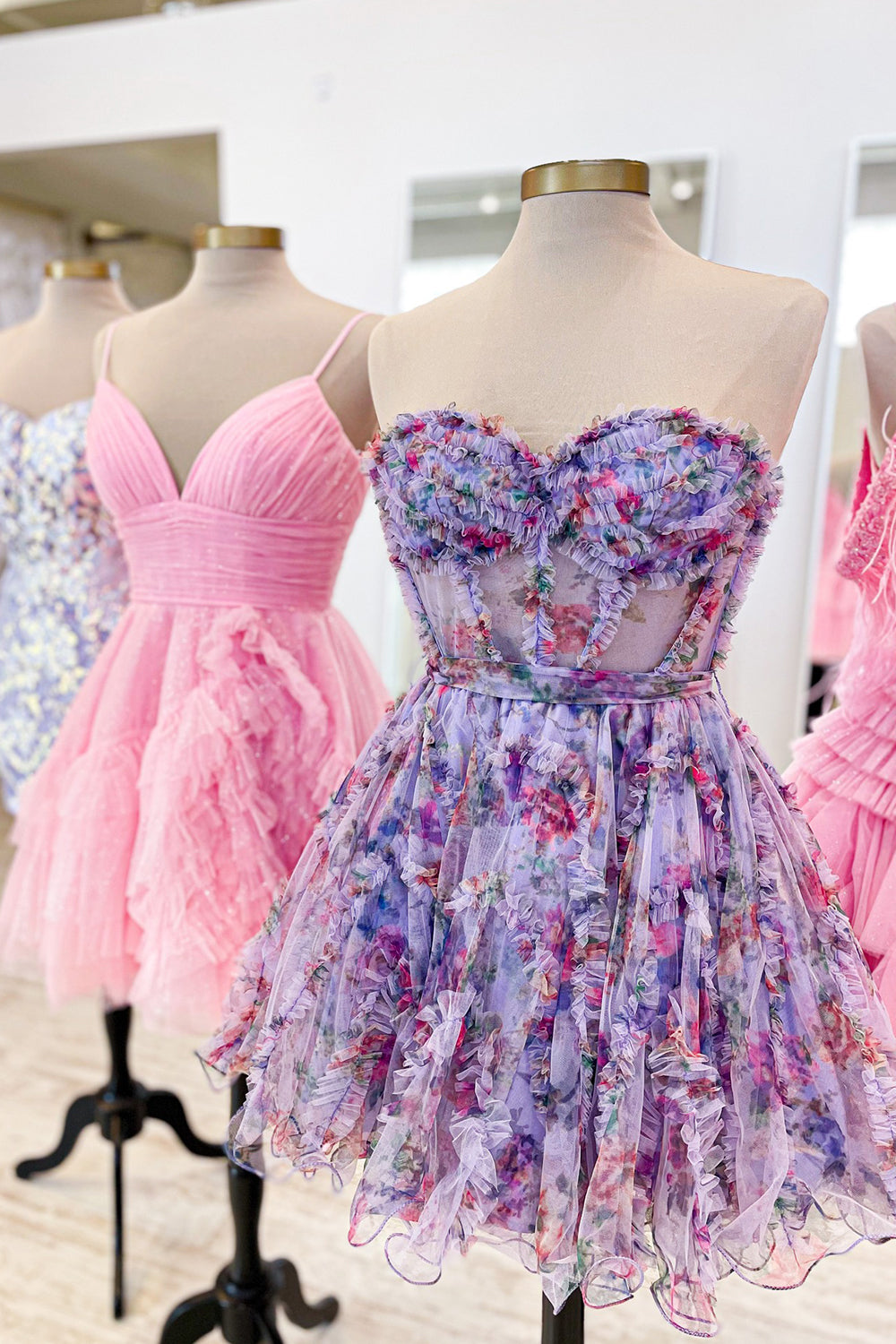 Pink Homecoming Dress Corset Sweetheart Floral A-Line Short Prom Dress with Ruffles