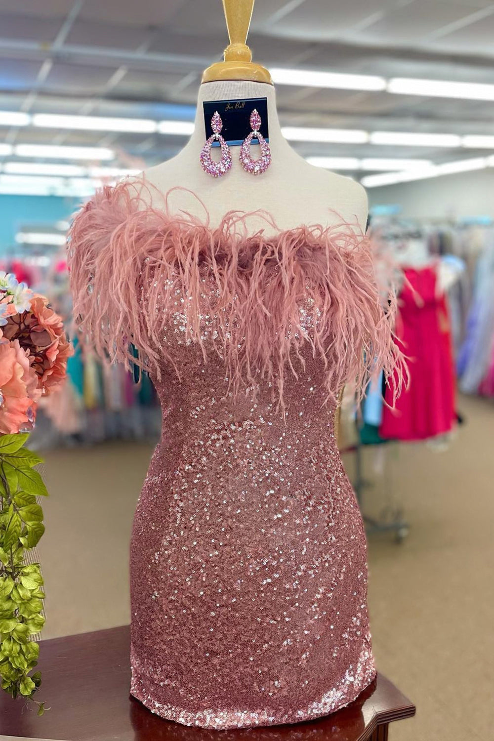 Pink Homecoming Dress Tight Sequin Prom Dress with Feathers