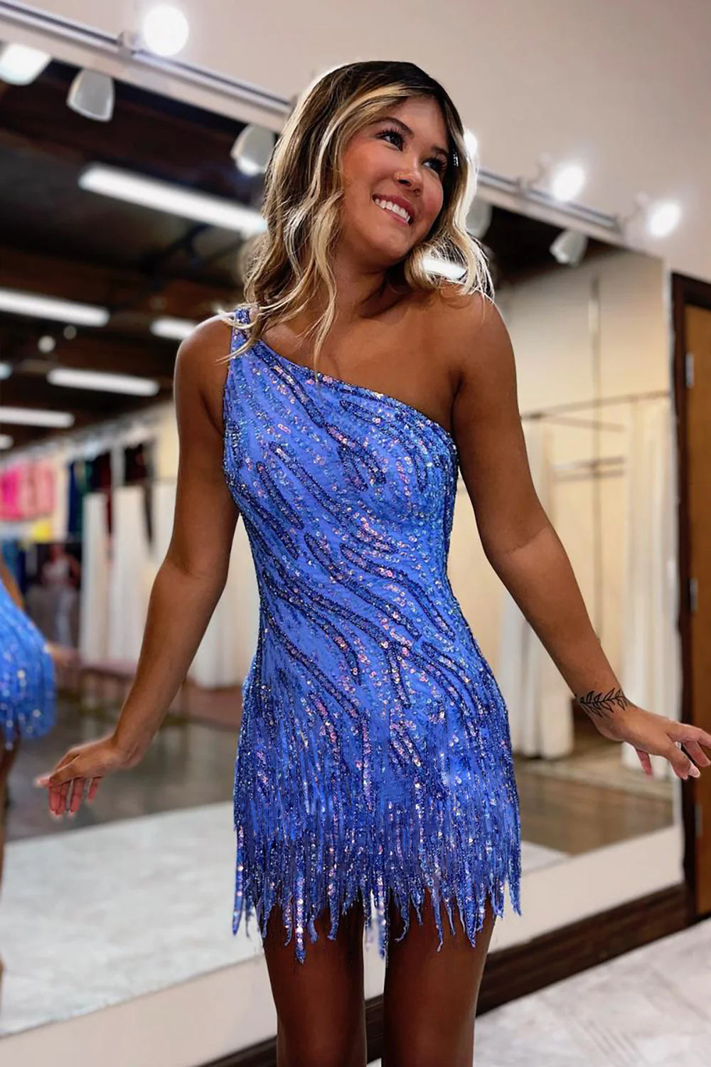 Blue Homecoming Dress One Shoulder Sequin Tight Short Hoco Dress with Fringes