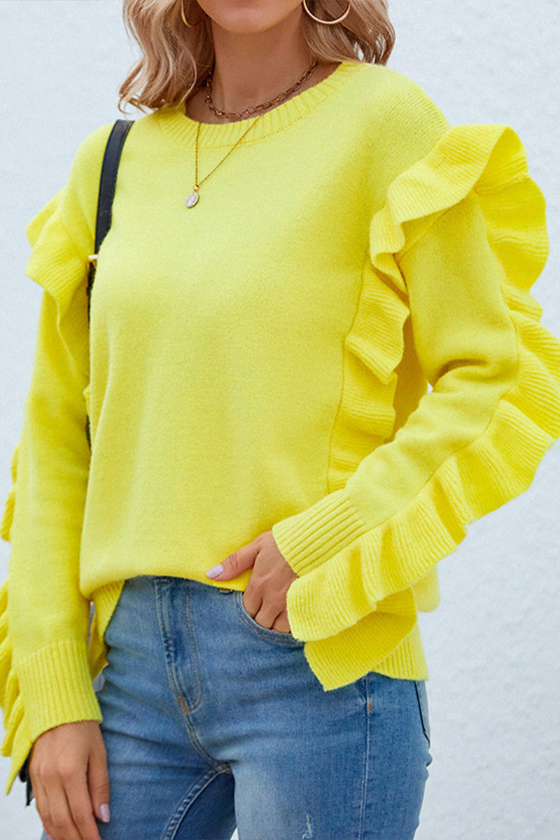 Petal Sleeve Solid Round Neck Pullover Sweater