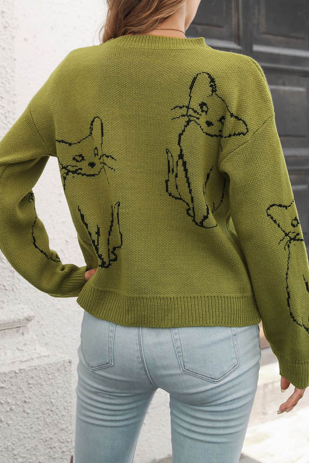 Cat Jacquard Loose Long Sleeve Sweater