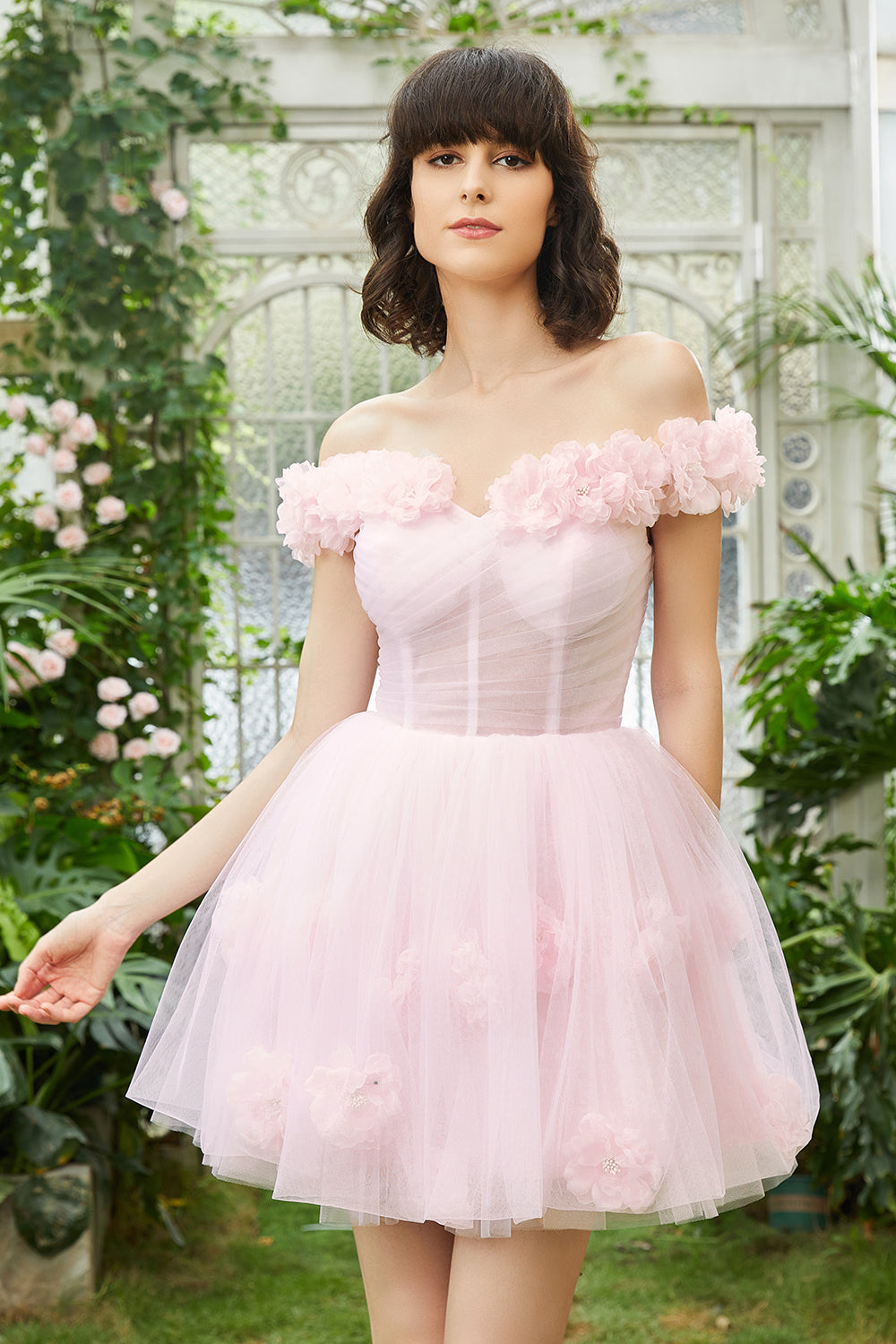 Pink Homecoming Dress Off the Shoulder Corset Prom Dress With Flowers