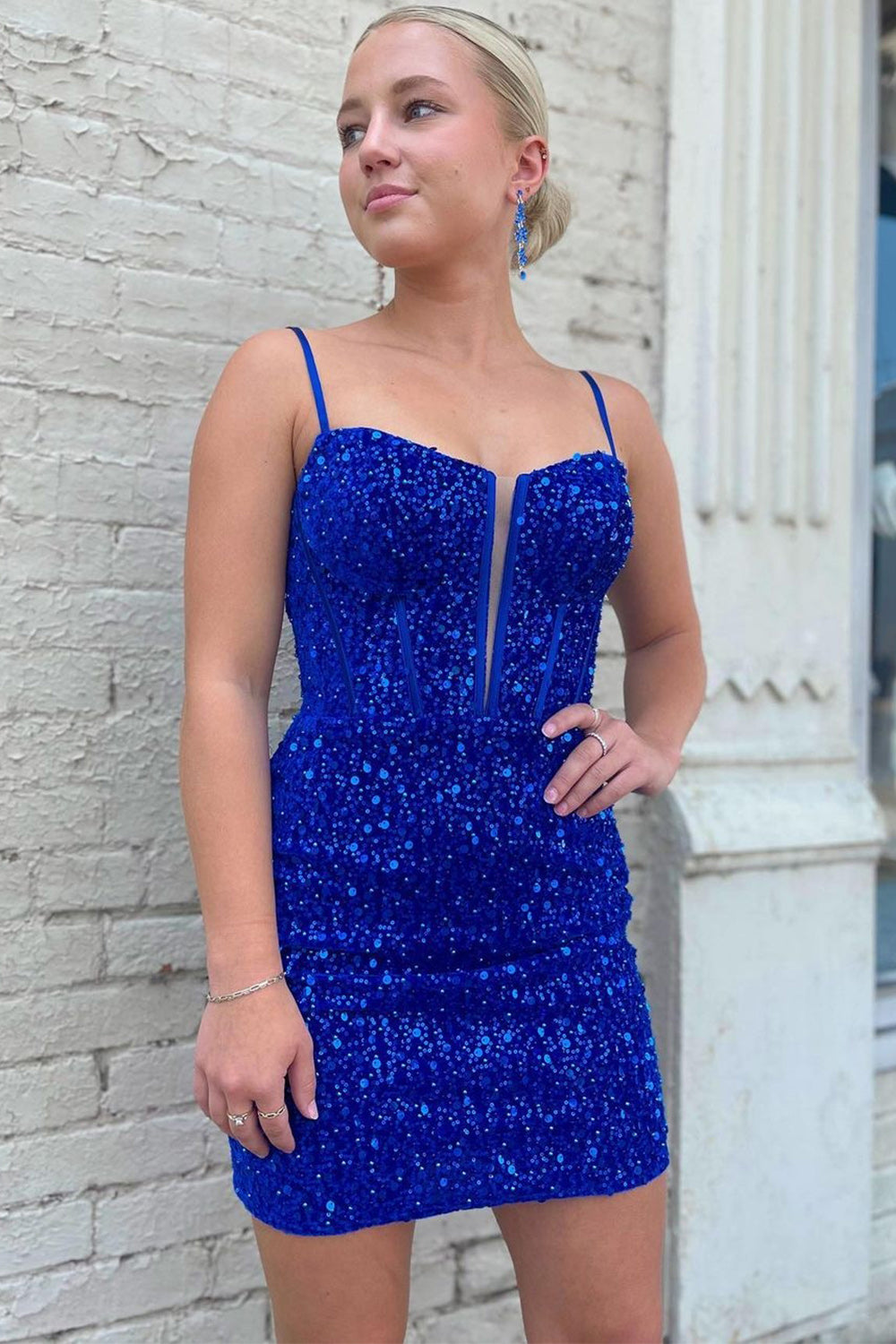 Royal Blue Homecoming Dress Corset Sequined Tight Short Prom Dress