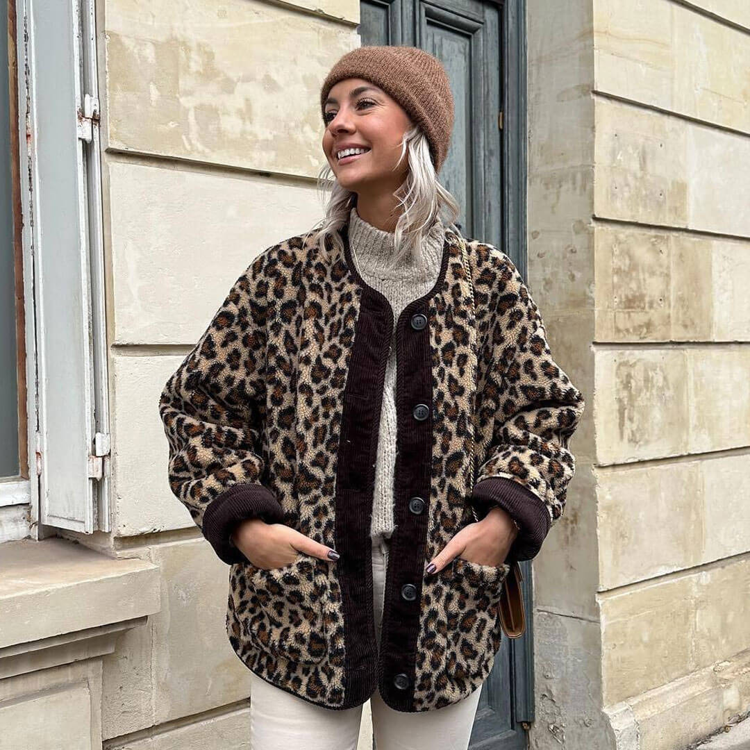 Fashion Crew Neck Button Up Long Sleeve Oversized Faux Fur Leopard Jacket