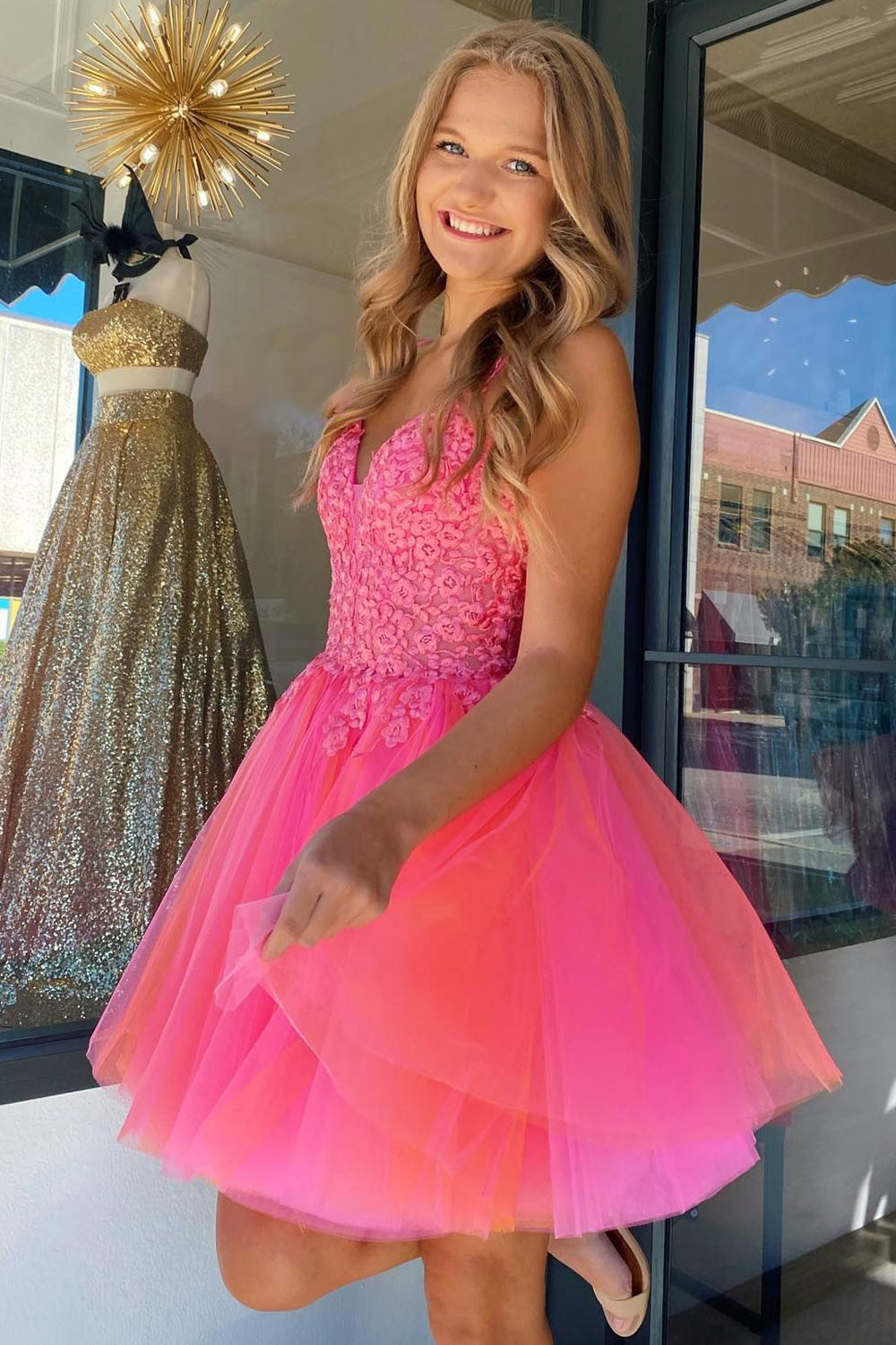 Hot Pink Homecoming Dress A-Line Tulle Short Prom Dress with Lace