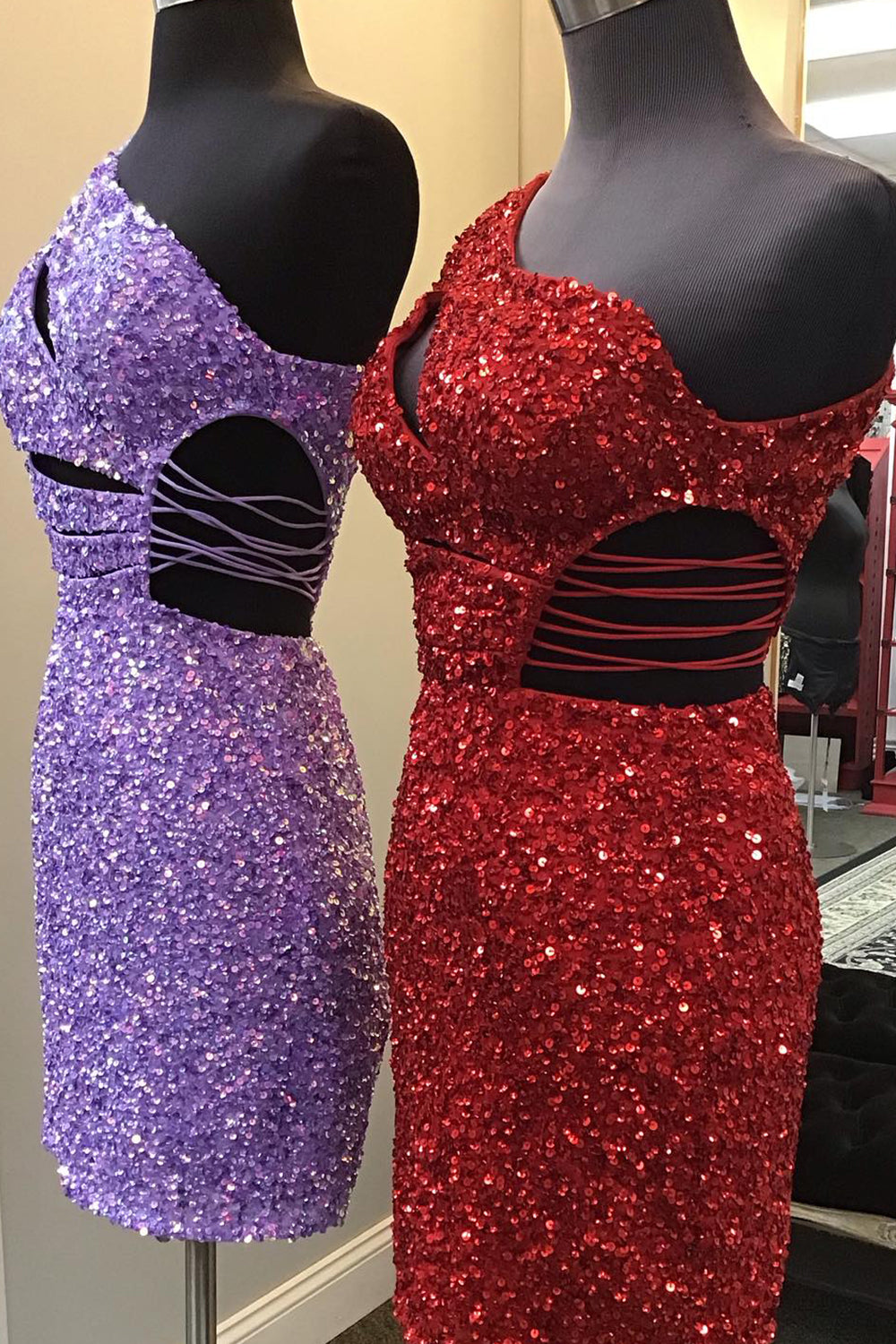 Purple Homecoming Dress One Shoulder Cut Out Sequin Tight Short Prom Dress