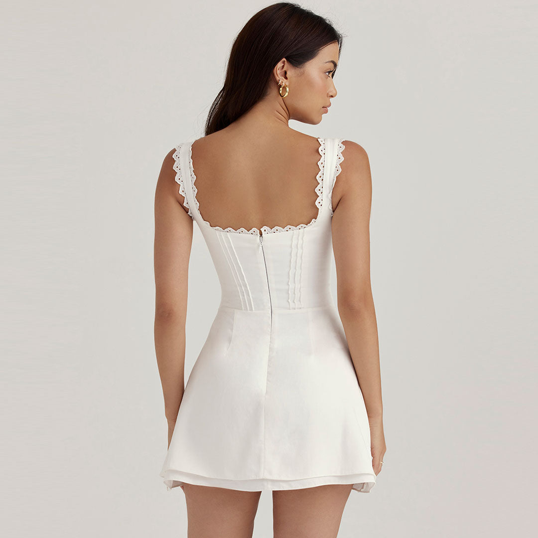 Feminine Embroidered Pleated Trim V Neck Sleeveless Mini Dress - White