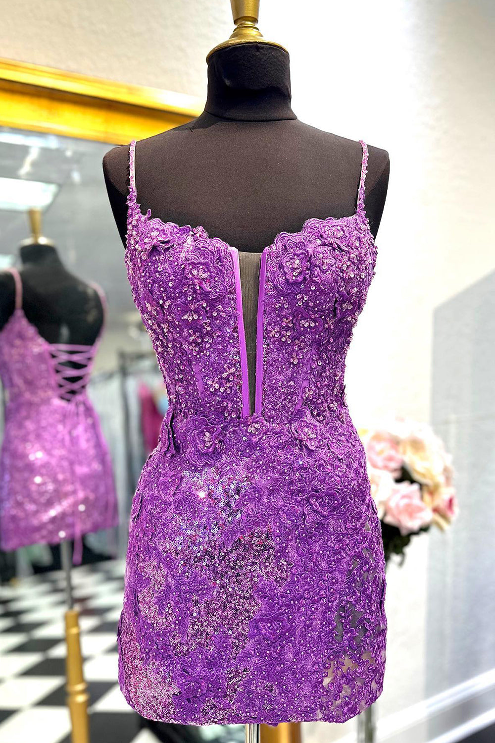 Purple Homecoming Dress Sequin Lace-Up Tight Short Prom Dress