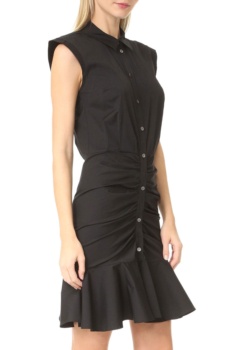 Flowy Fishtail Button Up Sleeveless Ruched Shirt Mini Dress - Black