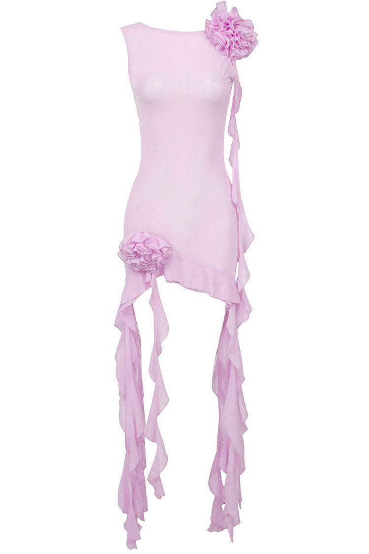 Flowy Ruffle Strap Rosette Corsage Backless Sheer Mesh Mini Dress - Pink