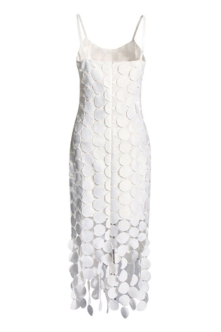 Flowy Scoop Neck Laser Cut Circle Fringe Sleeveless Cocktail Midi Dress