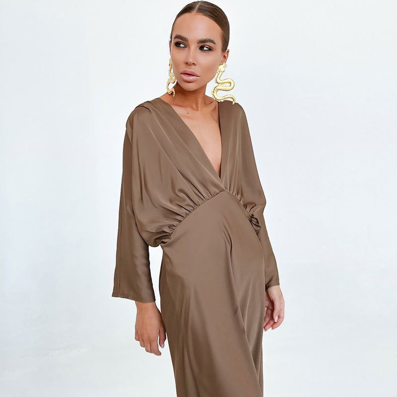 French Style Ruched Deep V Batwing Sleeve Split Cocktail Maxi Dress - Brown