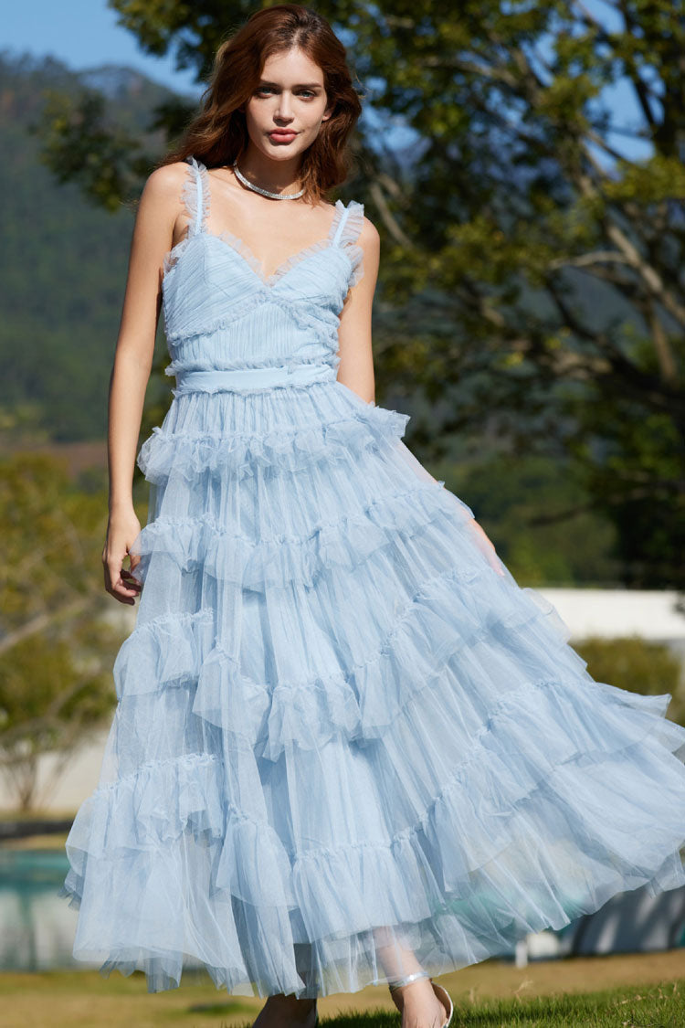 French Style Ruffle V Neck Sleeveless Tiered Tulle Evening Maxi Dress - Blue