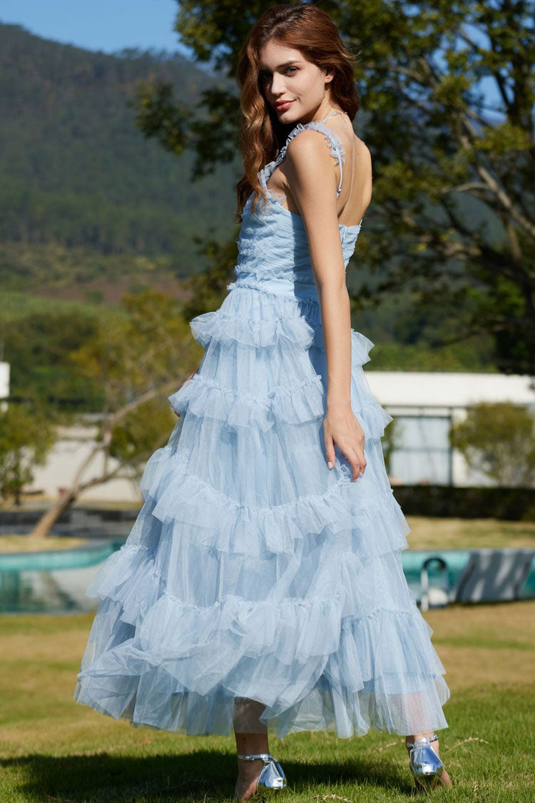 French Style Ruffle V Neck Sleeveless Tiered Tulle Evening Maxi Dress - Blue