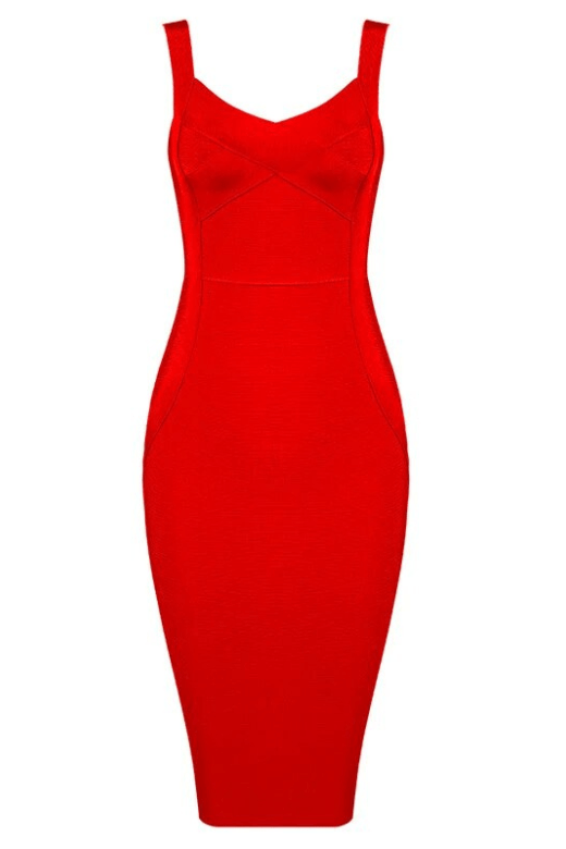 Woman wearing a figure flattering  Freya Bandage Midi Dress - Lipstick Red BODYCON COLLECTION