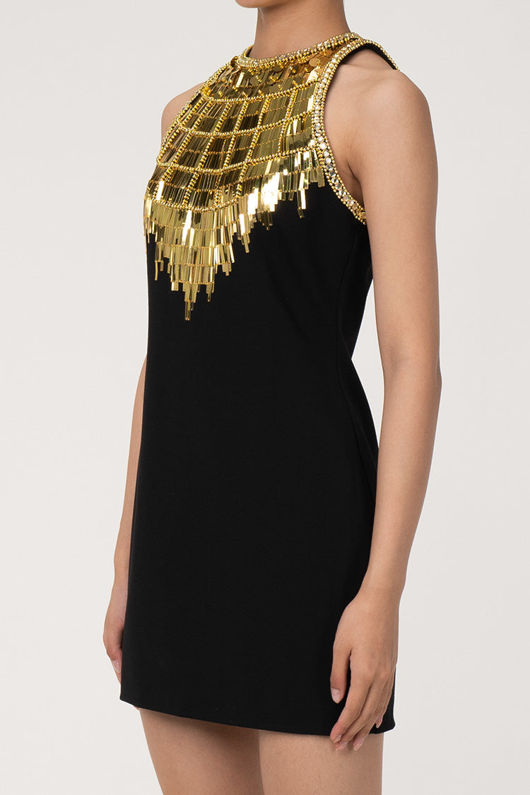 Gatsby Metallic Embellished Sleeveless Bodycon Party Mini Dress - Black