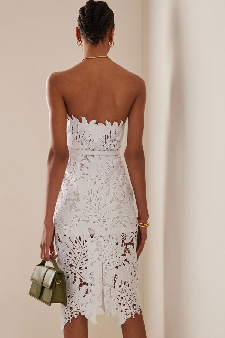 Glamorous Leaf Laser Cut Strapless Bandage Cocktail Midi Dress - White