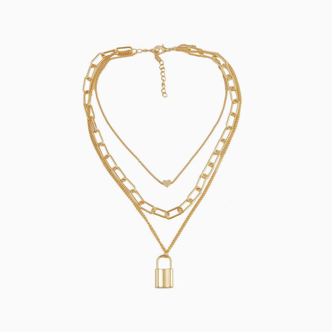 Gold Lock Pendant Chain-Link Layered Necklace - Gold