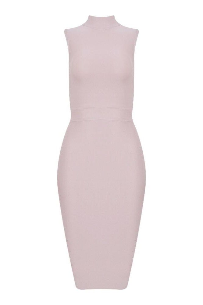 Woman wearing a figure flattering  Grace Bandage Midi Dress - Cream Bodycon Collection