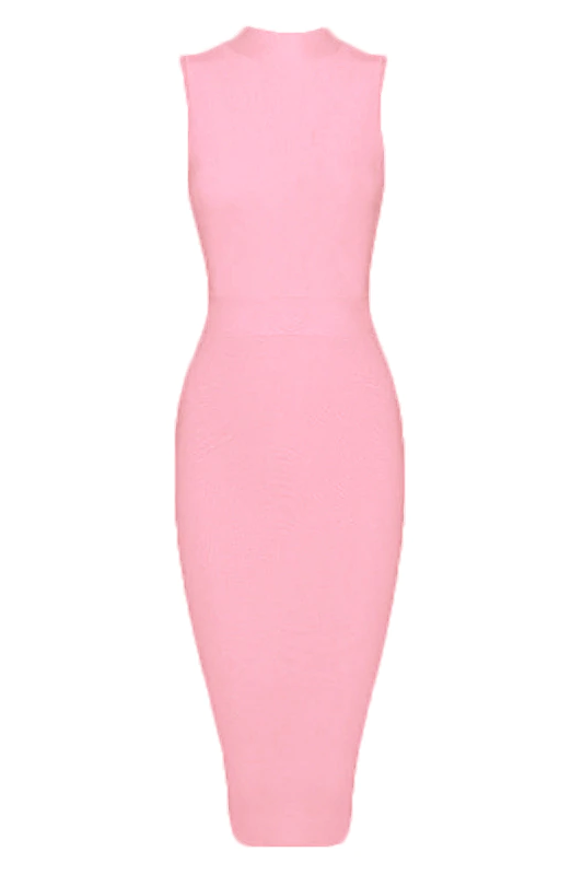 Woman wearing a figure flattering  Grace Bandage Midi Dress - Dusty Pink Bodycon Collection