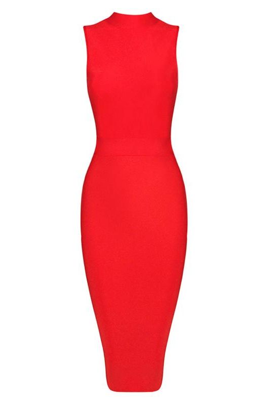 Woman wearing a figure flattering  Grace Bandage Midi Dress - Lipstick Red Bodycon Collection