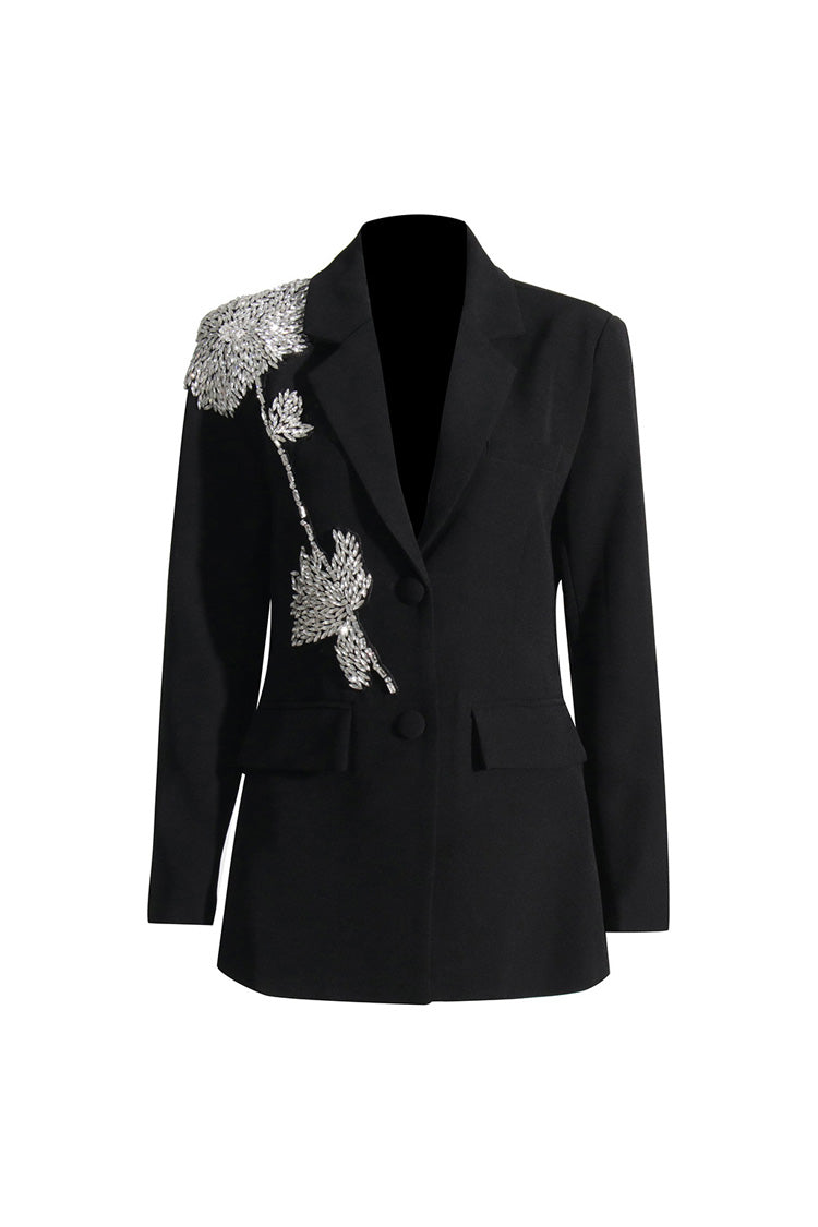 Graceful Lapel Long Sleeve Cinched Waist Floral Crystal Party Blazer