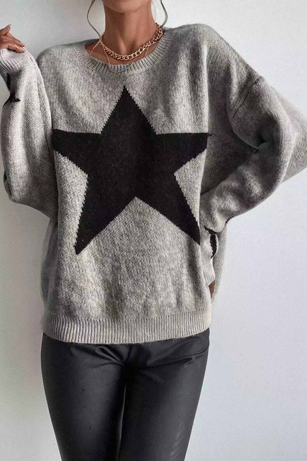 Crew Neck Star Long Sleeve Knitted Sweater