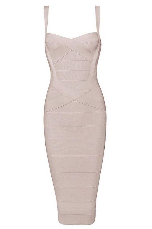 Woman wearing a figure flattering  Heidi Bandage Midi Dress - Cream Bodycon Collection