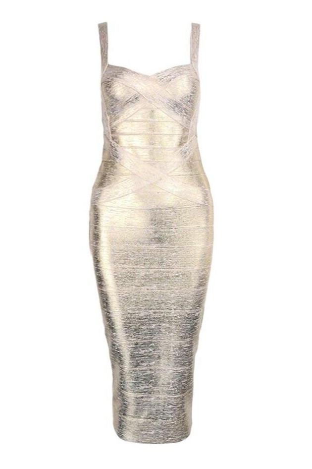 Woman wearing a figure flattering  Heidi Bandage Midi Dress - Gold BODYCON COLLECTION